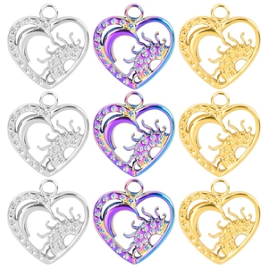 Hollow Heart Pendant Stainless Steel Sun Moon Star Motif Rhinestone Accents DIY Jewelry Making For Women Vintage Retro