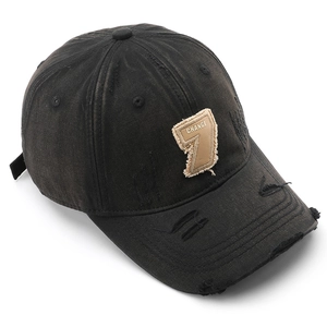 Distressed black cotton baseball cap with vintage wash and embroidered patch