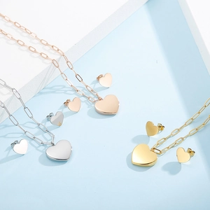 Collier Pendentif Cœur Et Boucles D'oreilles Acier Inoxydable Chaîne Maillons Trombone Bijoux Mode Pour Femmes