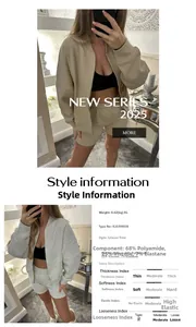 Detail view of athletic long sleeve jacket and shorts set with fabric material specs