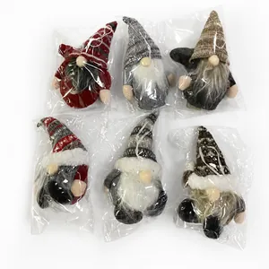 Set of 6 Christmas gnome plush ornaments with striped and patterned hats for tree decor