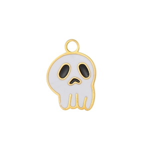 Close-up of white ghost enamel charm with gold plating and sad face detail for jewelry making