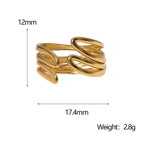 Detail view of gold geometric layered ring with 12mm height and 17.4mm inner diameter