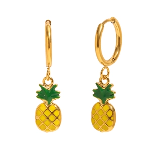 Minimalist 18K gold plated stainless steel hoop earrings with green and yellow pineapple charms