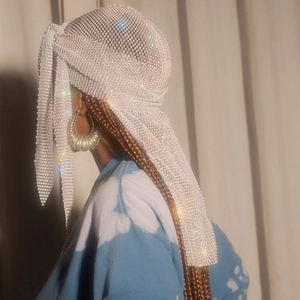 Elastic mesh durag with rhinestones and long straps for music performance fashion wear