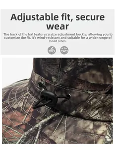 Dettaglio del cappello camouflage outdoor con fibbia regolabile e cordino elastico
