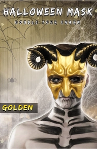 Detailed view of a golden Halloween demon mask with black horns on a skeleton-painted model