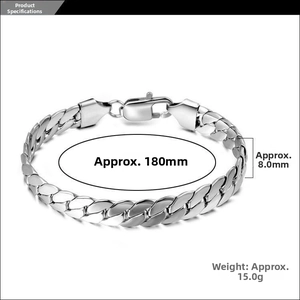 Close-up of a stainless steel Cuban link bracelet with size markings 180mm by 8.0mm