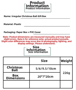 Size chart showing irregular plastic Christmas balls in 20x7x20cm gift box dimensions