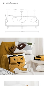 Size guide for embroidered throw pillows showing various dimensions on a 220cm sofa