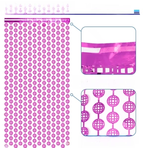 Detail of rose red disco foil curtain featuring hollow globe shapes and adhesive top