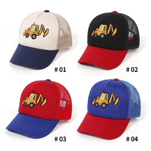 Kids trucker hats set with excavator embroidery featuring breathable mesh and four color options