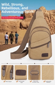 Detail of khaki canvas chest bag showing multiple zippered pockets and adjustable strap