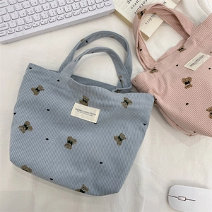 Detail of light blue and pink corduroy tote bags with bear embroidery and smile labels