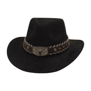 Black faux suede jazz hat with bull head ornament and vintage western style details