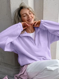 French style light purple fleece sweatshirt with half-zip stand collar for women