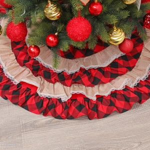 Christmas tree skirt with red black plaid burlap layers and white lace trim decoration