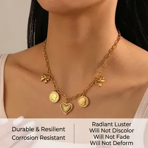 Close-up of gold stainless steel necklace with coin, heart, and bow charms on model