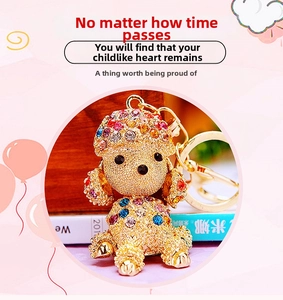 Detailed close-up of a poodle-shaped keychain encrusted with colorful rhinestones