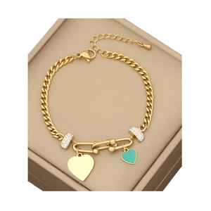 Bracelet chaîne en acier doré avec cœur bleu tiffany et anneaux sertis de cristaux