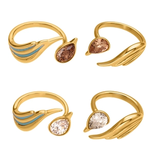Adjustable gold plated stainless steel ring with blue enamel and teardrop zircon