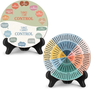Detail of wooden emotion wheel and control chart for mental health wall decoration