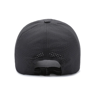 Lightweight black mesh baseball cap with breathable laser-cut holes and buckle strap
