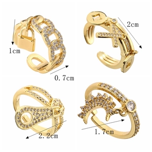 Detailed size measurement view of gold plated heart and star zircon open rings set