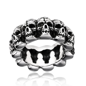 Vintage punk men's stainless steel ring featuring a continuous skull relief design