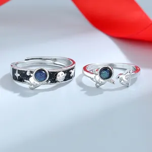 Astronaut theme couple rings set in S925 silver with starry sky enamel and moon details