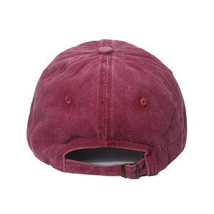 Detailed back view of washed cotton baseball cap with adjustable metal buckle and strap
