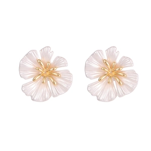 Elegant 14k gold camellia flower stud earrings with pearlescent white petals