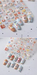 Detailed 5D embossed nail stickers featuring cute cartoon bears and cherry designs