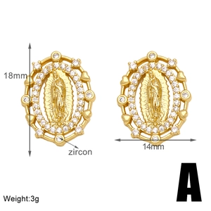 Detail view of Our Lady of Guadalupe gold earrings with zircon stones and 18mm size specs