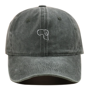Detailed close-up of dog head embroidery on washed dark grey vintage baseball cap