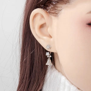 Exquisite snowflake and bell drop pendant C-ring earrings with sparkling clear crystals
