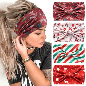 Set of four wide elastic Christmas headbands featuring reindeer, Santa, and snowman patterns