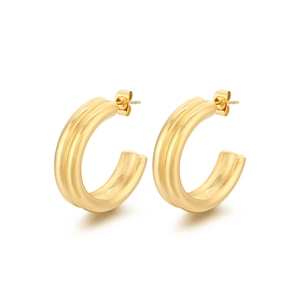 Minimalist C-shaped gold triple line hoop earrings in polished finish for women