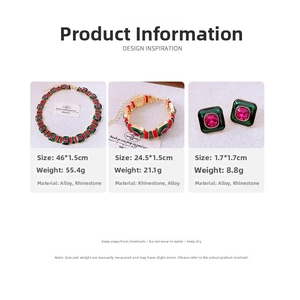 Detailed dimensions of retro enamel jewelry set with pink rhinestones and measurements