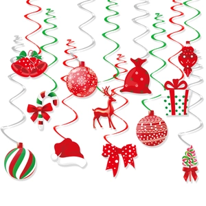 Christmas party spiral hanging decorations with reindeer, candy canes, and gift box charms