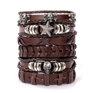 Men's multi-layer brown leather bracelet set with metallic skull and star charms