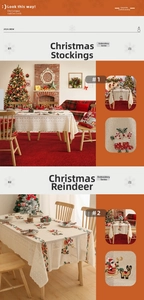 Detail of embroidered Christmas reindeer and stocking patterns on hollow lace tablecloth