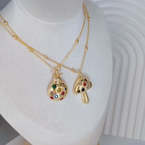 Gold plated beetle and mushroom charm necklace with colorful gemstones for women