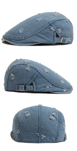 Detailed views of light blue distressed denim beret with ripped holes and metal buckle