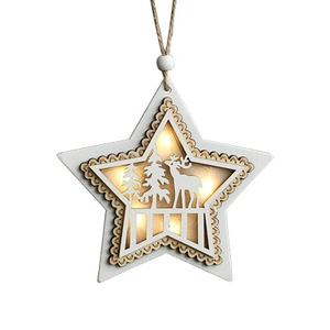 Luminous wooden star Christmas ornament with LED forest silhouette and hanging rope