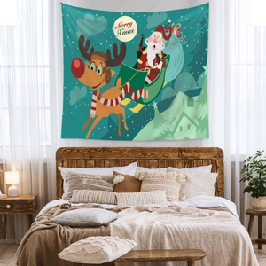 Bohemian Christmas tapestry showing Santa Claus and reindeer in a cozy bedroom setup