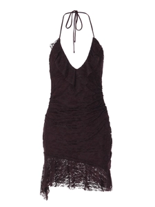 Robe dos nu en dentelle marron avec design plissé et ourlet à volants asymétrique