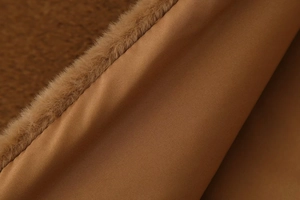 Detailed macro view of the brown faux fur collar and smooth fabric texture of the shawl