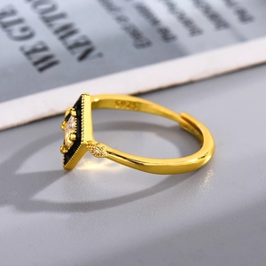 Vintage gold plated S925 silver geometric rhombus ring with clear zircon on retro paper