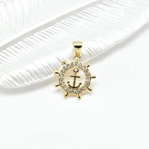 18k gold plated sailor helm and anchor pendant with sparkling zircon stones